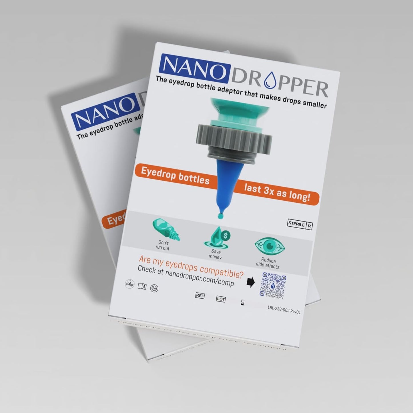 Nanodropper adaptor for eyedrop bottles 2 pack front view showing retail packaging