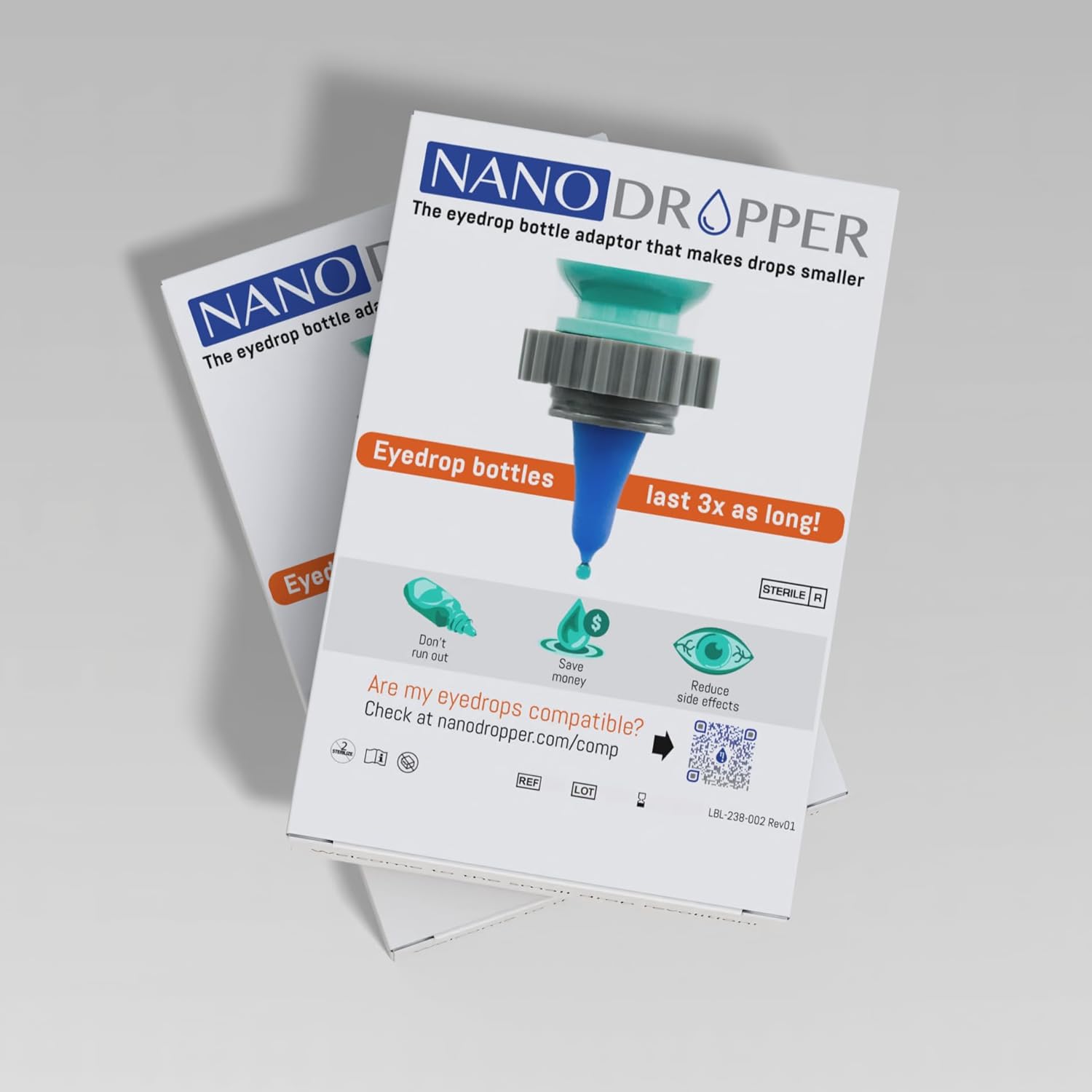 Nanodropper adaptor for eyedrop bottles 2 pack front view showing retail packaging
