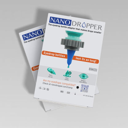 Nanodropper adaptor for eyedrop bottles 2 pack front view showing retail packaging