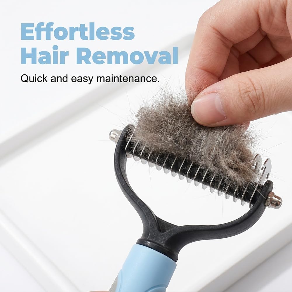 Foodie Puppies pet grooming brush 9-tooth side detangling a dog undercoat.