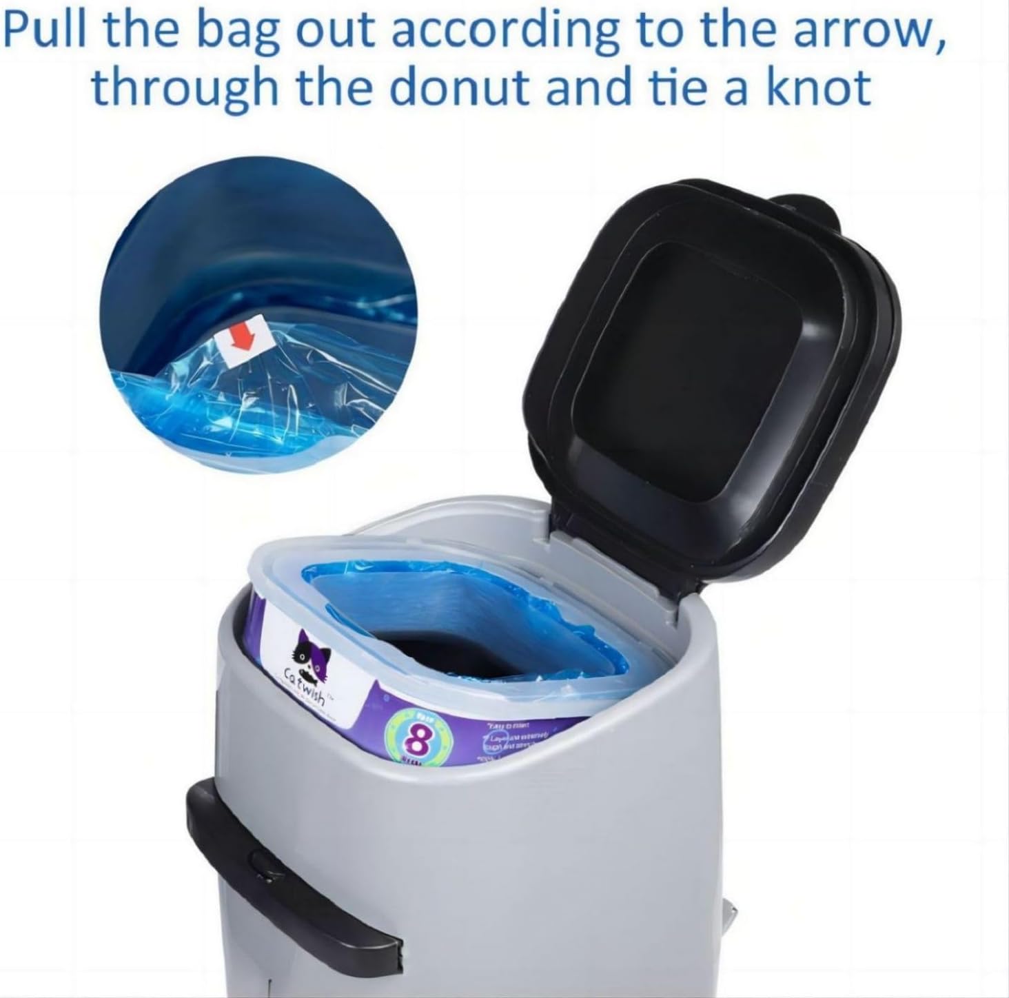 Creatwo replacement continuous bag cartridge demonstrating secure fit for standard and extra-large pails.