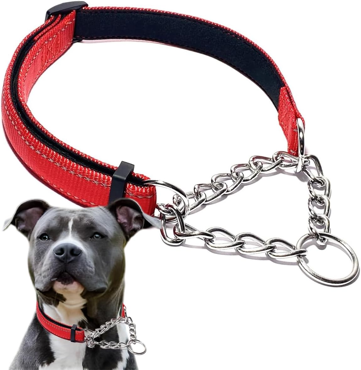 PSPORT martingale dog collar front view showing the bright red reflective nylon strap and stainless steel chain.