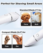 Casfuy small pet clippers close up on the safe dual blade design for faces and ears.