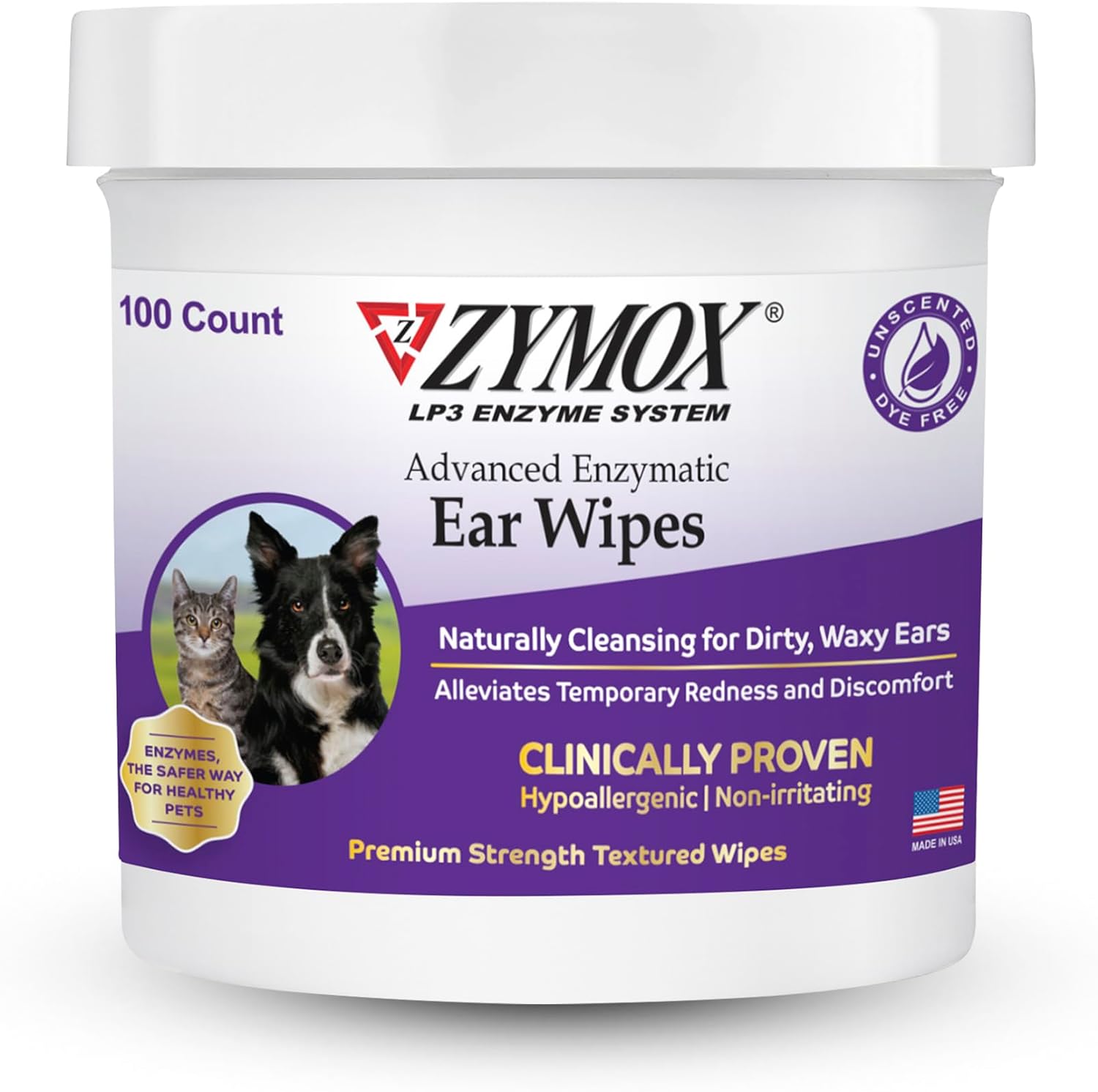 Zymox Advanced Enzymatic Ear Wipes for dogs and cats front view