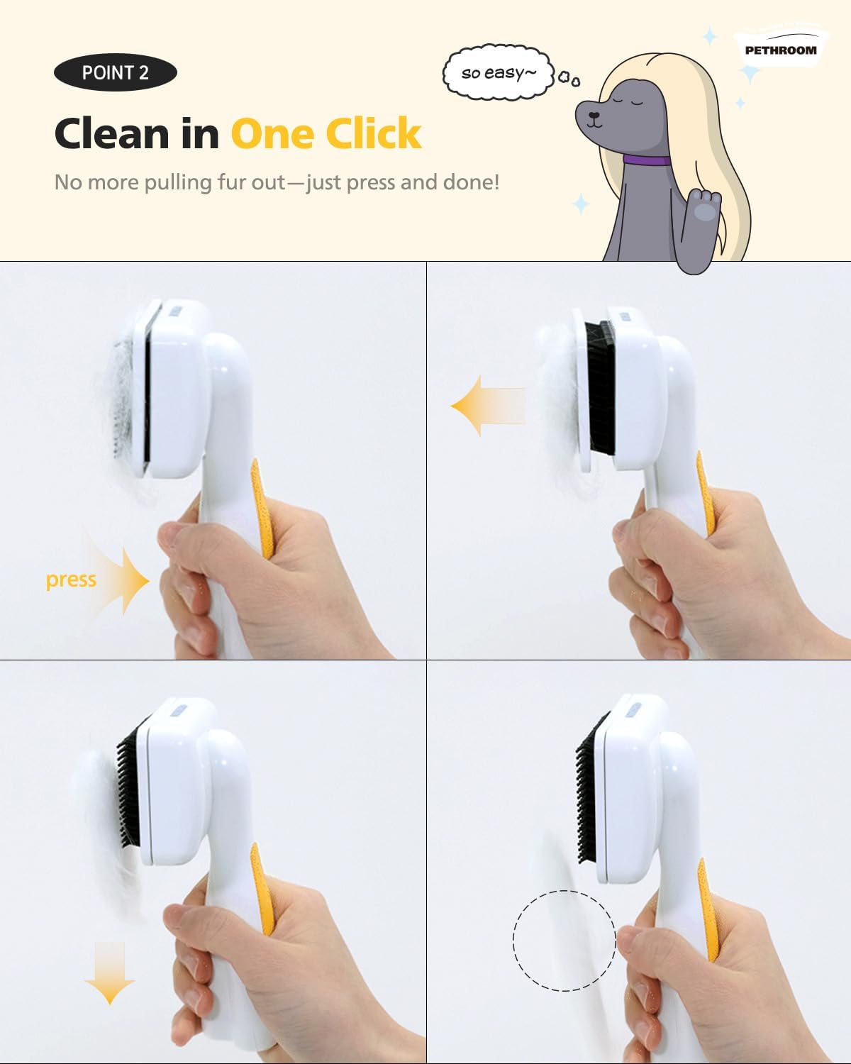 Retracted bristles releasing trapped fur from PETHROOM cat brush