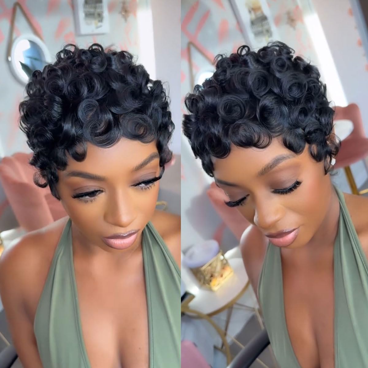 VRZ pixie cut curly human hair wig front view showcasing voluminous black curls and styled bangs.
