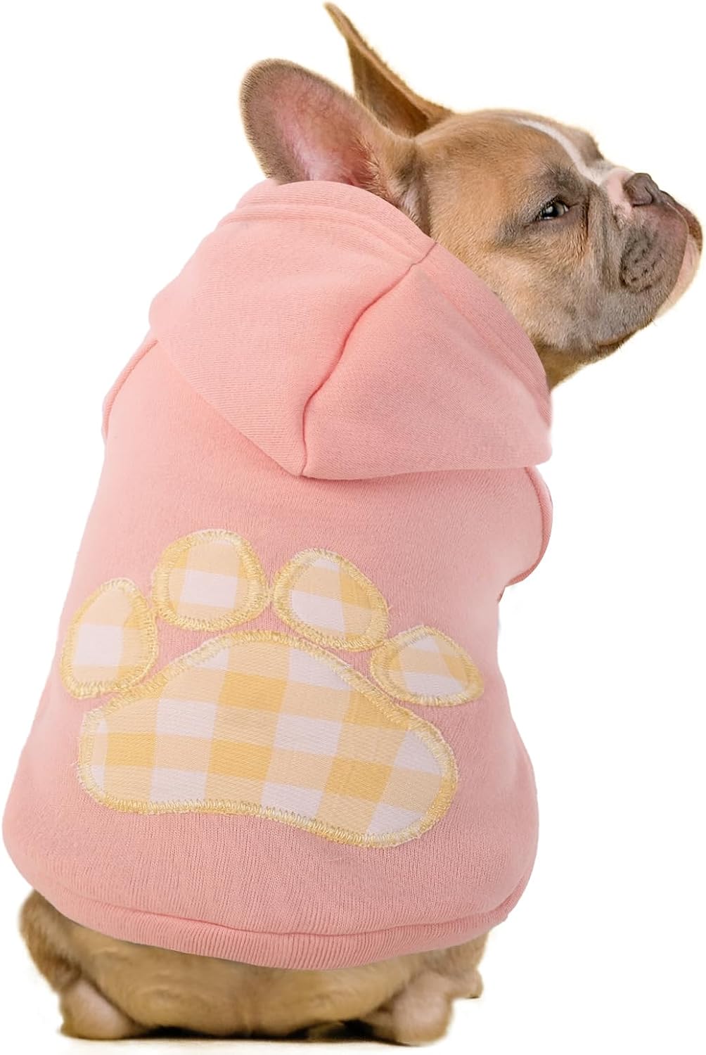Close shot of the protective hooded hat on the SAWMONG black security pullover for medium dogs.
