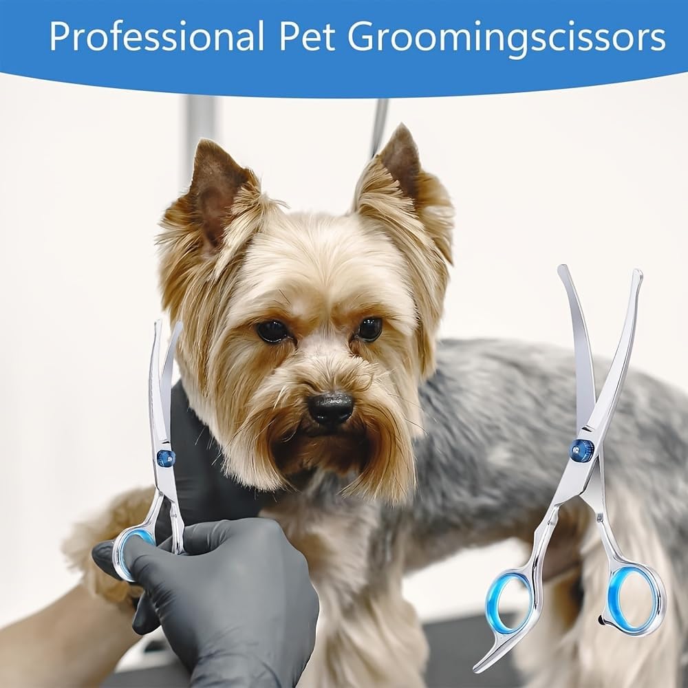 Premium dog grooming shears showing the comfortable finger rest design.