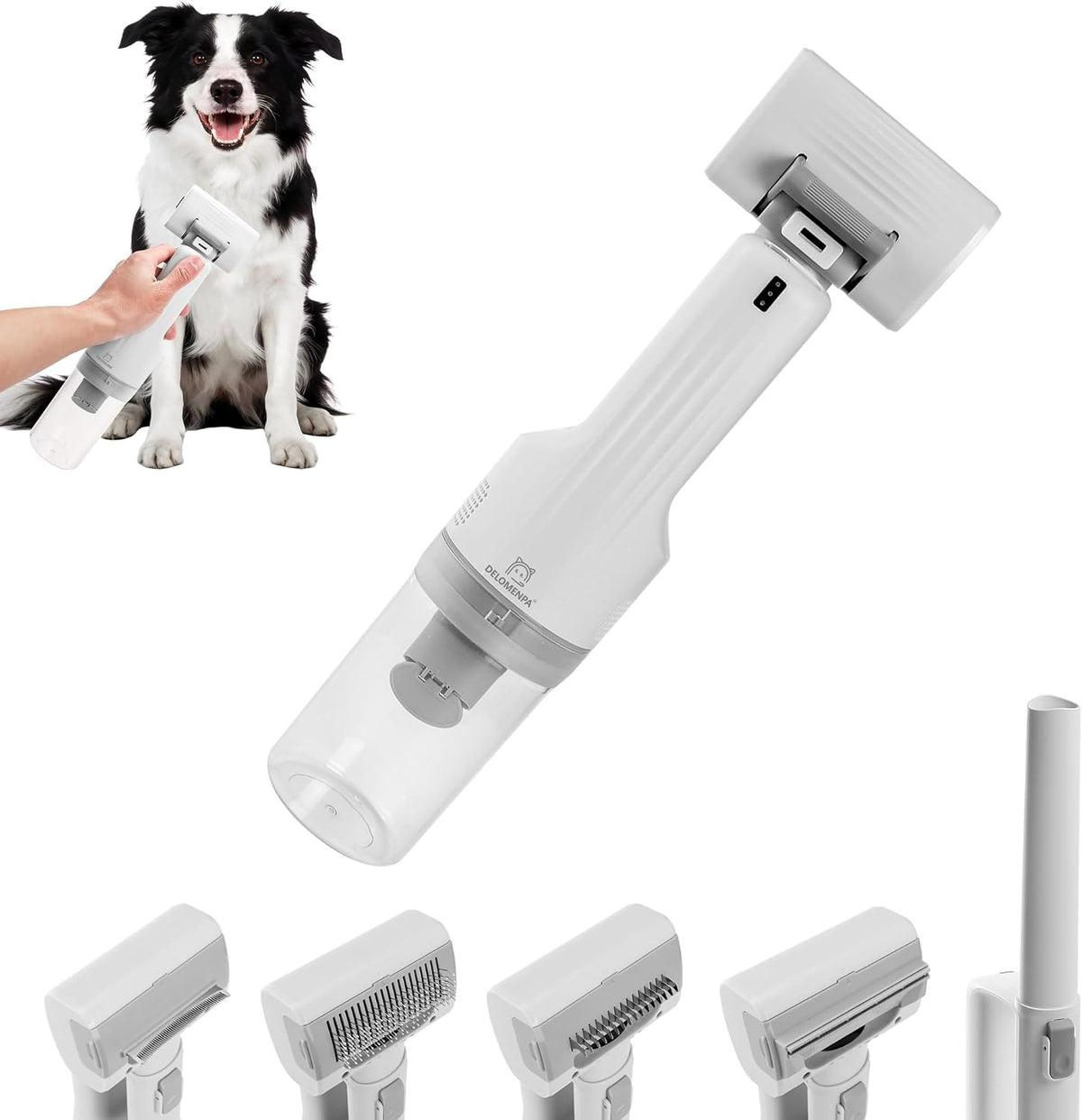 DELOMENPA cordless pet grooming vacuum front view showcasing the white handheld design and clear dust cup