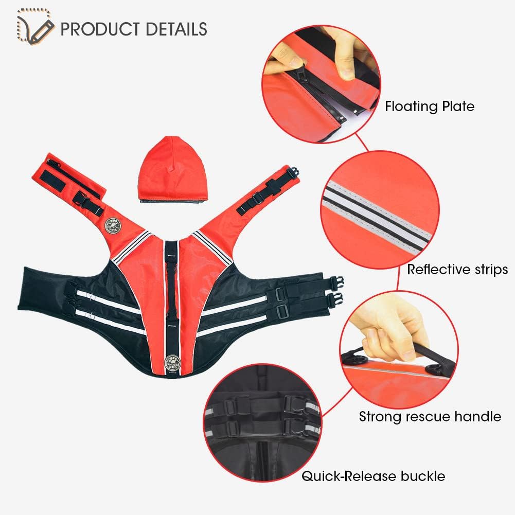 Mklhgty canine life vest highlighting the removable front float plate design.