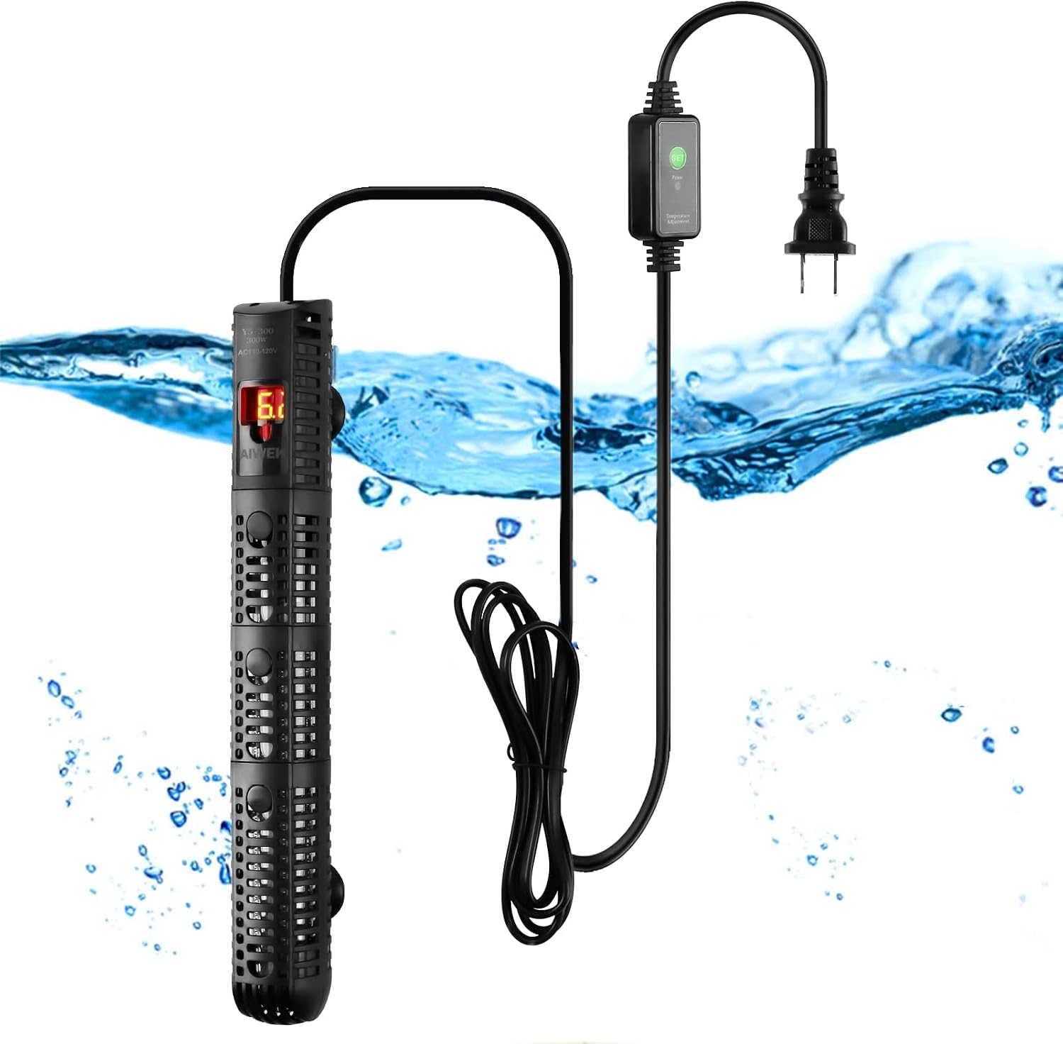 Aiwek 300W Aquarium Heater front view with digital display