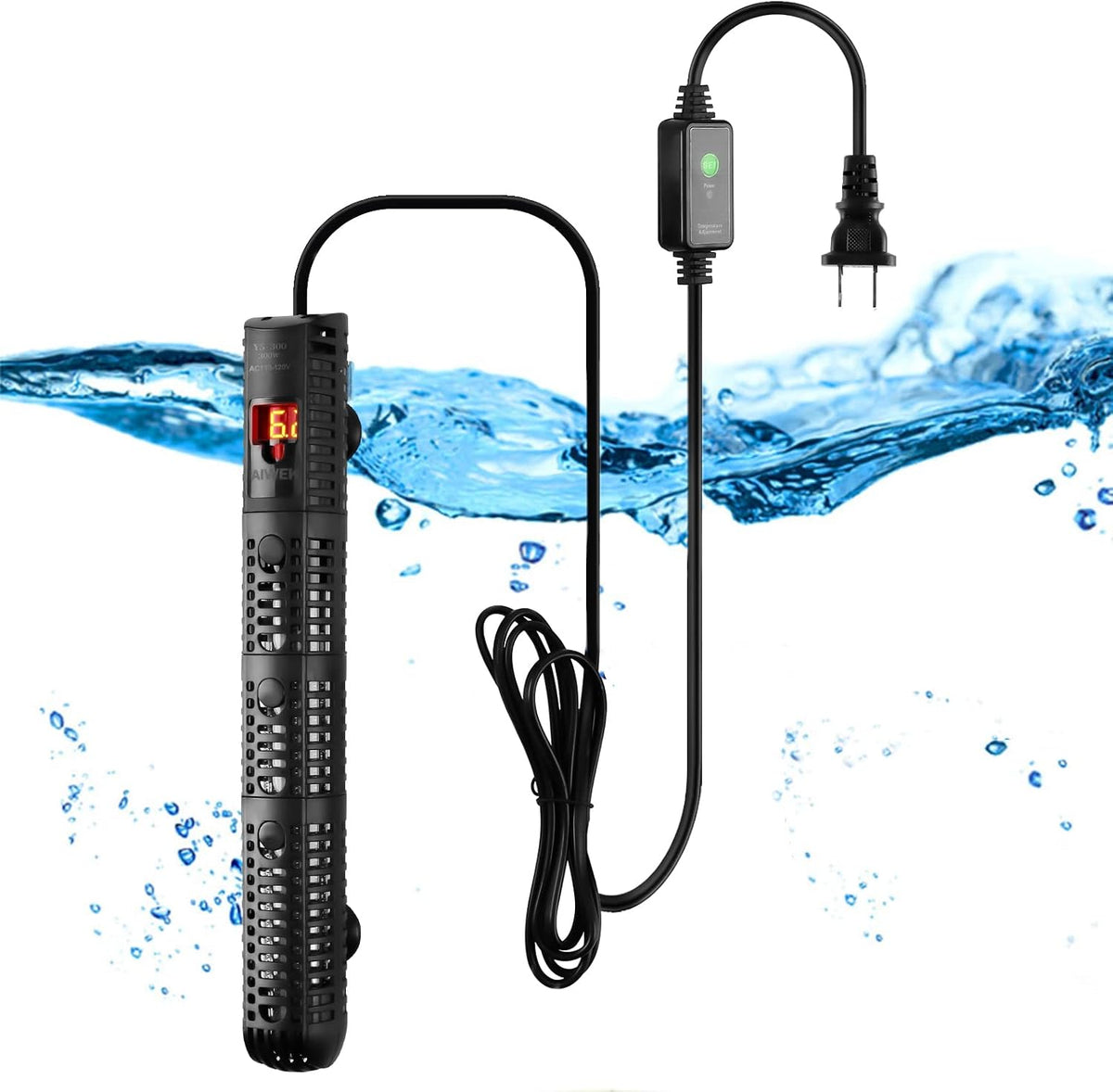 Aiwek 300W Aquarium Heater front view with digital display