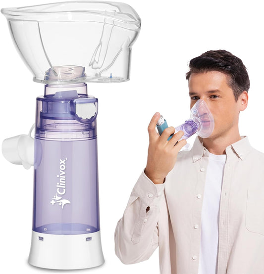 Clinivox inhaler spacer for adults front view showing purple anti static chamber and clear mask