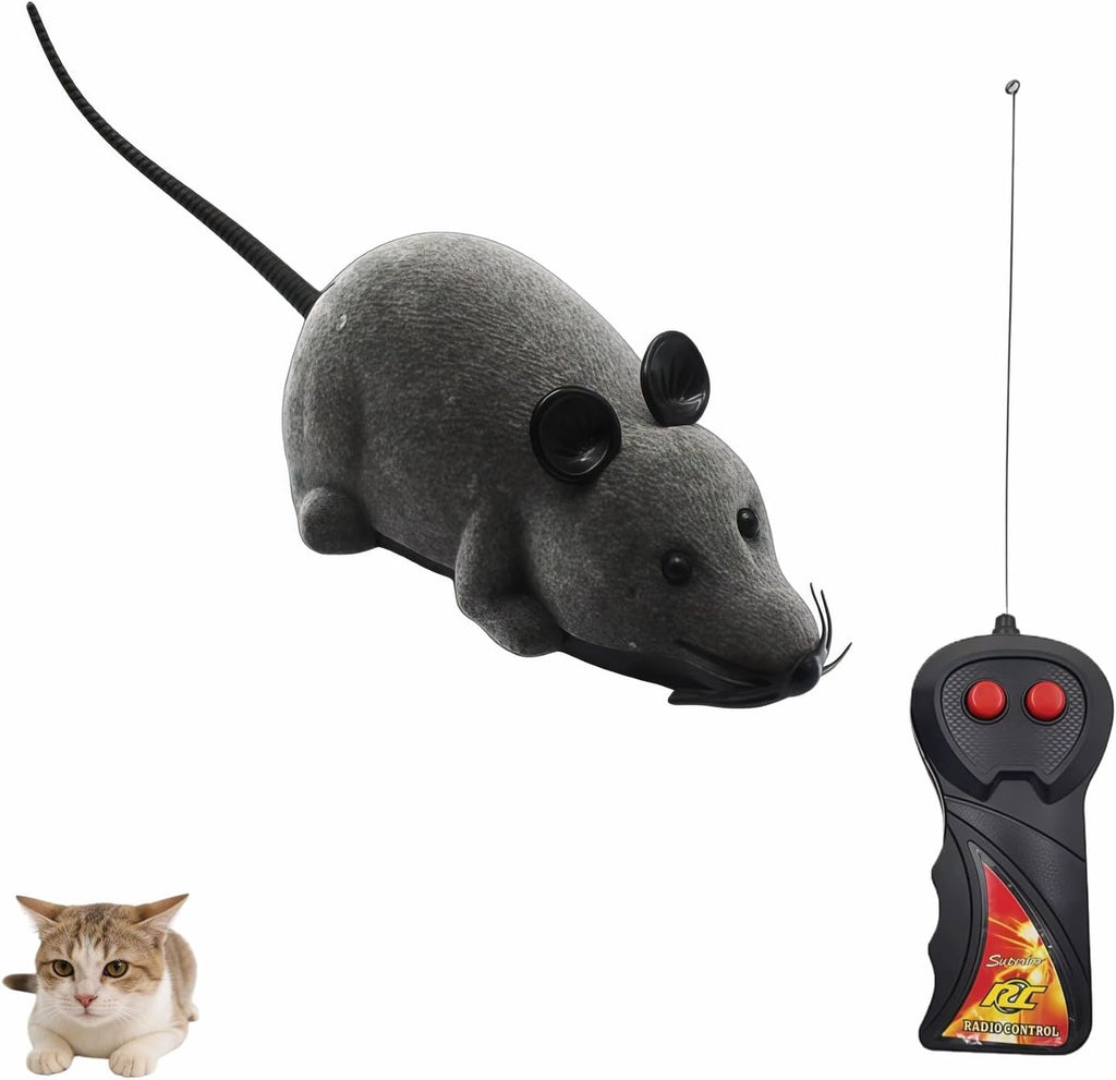 TEHAUX Remote Control Mouse Cat Toy front view showing realistic gray plush texture