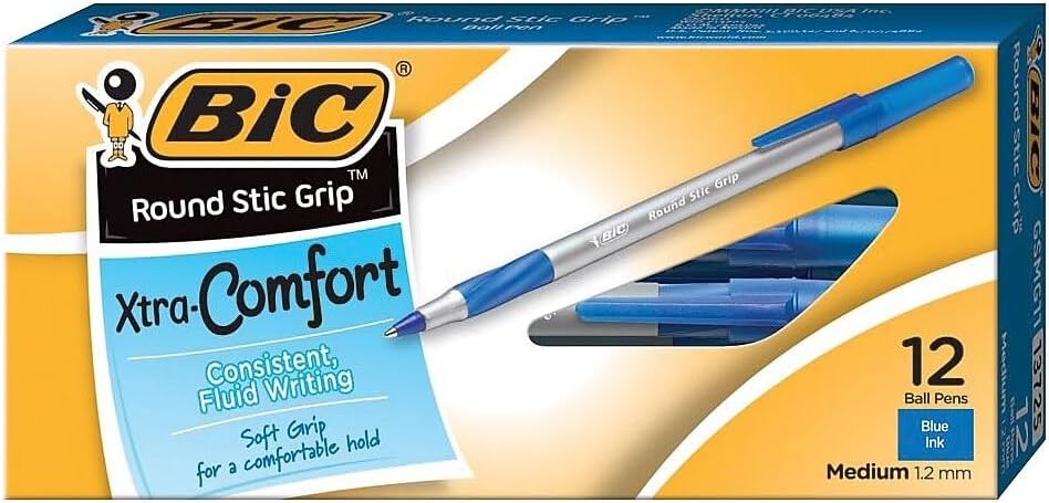 BIC Round Stic Grip Xtra Comfort Blue Ballpoint Pens, Medium Point (1.2mm), 12-Count Pack, Excellent Writing Pens With Soft Grip for Superb Comfort and Control - Image 8