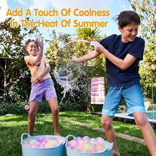 Assorted blue green pink and yellow water balloons filling up simultaneously
