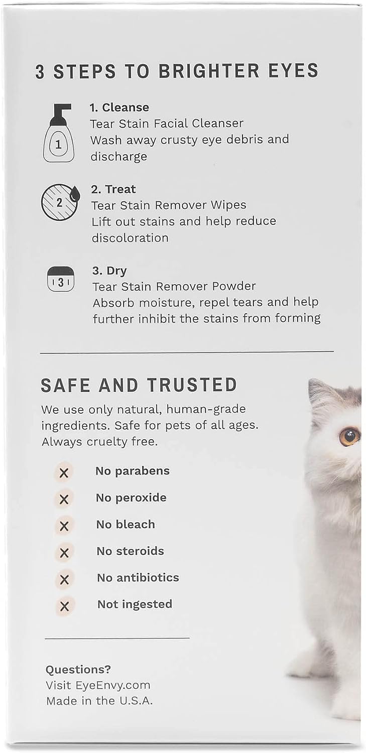 Back label of the Eye Envy kit displaying directions for use and safe ingredients for domestic felines.