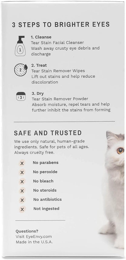 Back label of the Eye Envy kit displaying directions for use and safe ingredients for domestic felines.