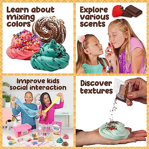 Young girl mixing ingredients to create a pastel pink cloud slime using the included tools.