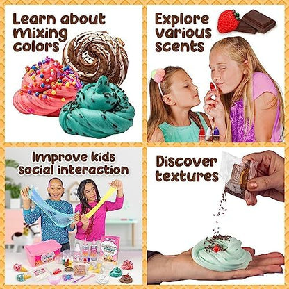 Young girl mixing ingredients to create a pastel pink cloud slime using the included tools.