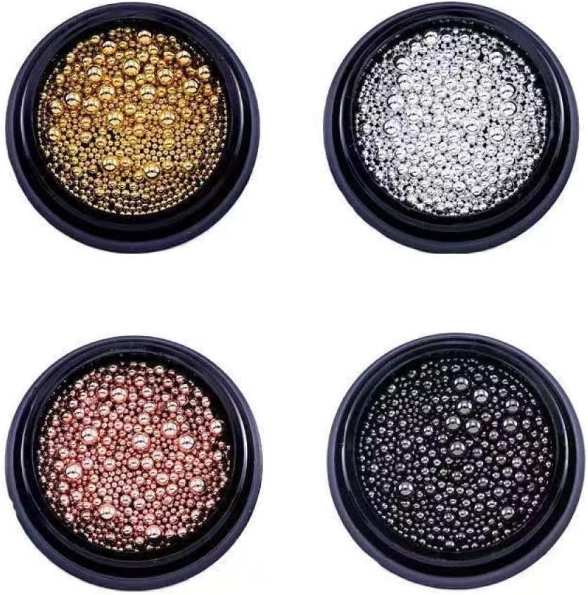 Chunmeng 3D nail caviar beads four boxes front view showing gold silver rose gold and black micro metal balls for nail art
