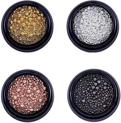 Chunmeng 3D nail caviar beads four boxes front view showing gold silver rose gold and black micro metal balls for nail art