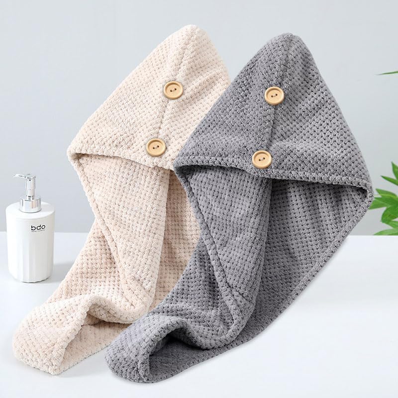 M-bestl microfiber hair towel wrap two pack front view featuring beige and grey turbans