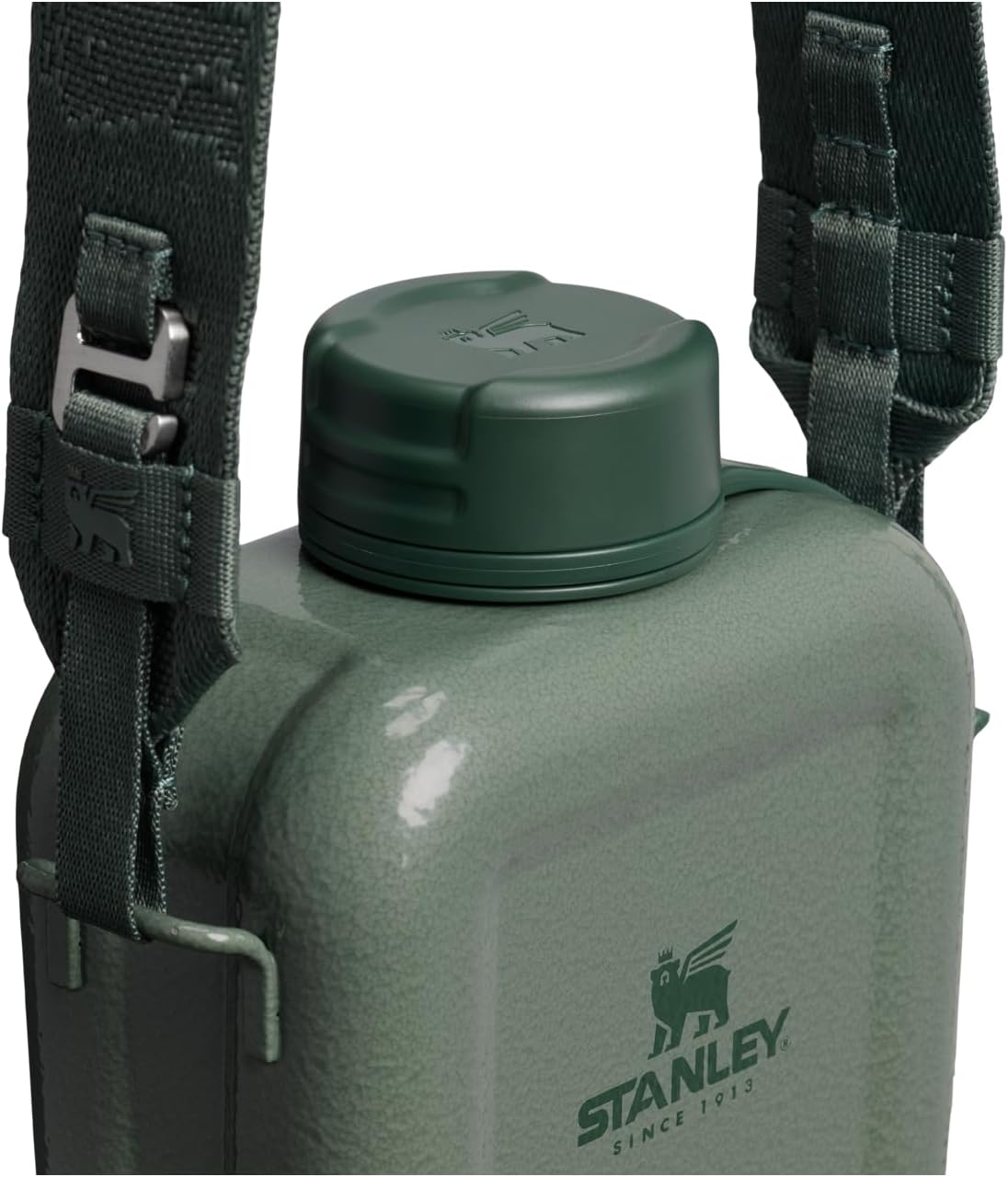 Close up view of the wide mouth opening on the green recycled steel flask.