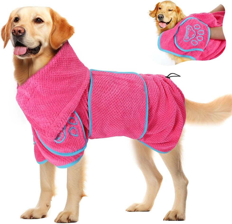 SlowTon dog bathrobe drying coat front view pink color for large dogs