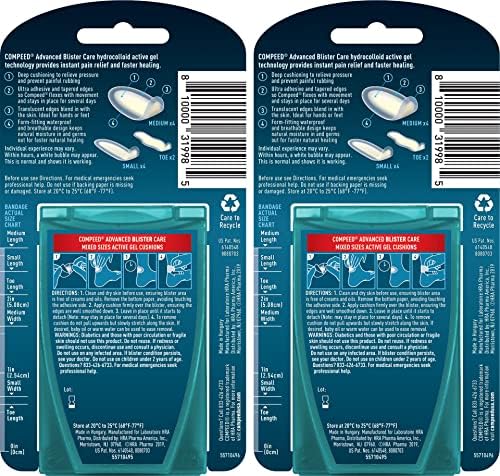 Compeed hydrocolloid gel cushions assorted sizes displayed out of the box for foot care.