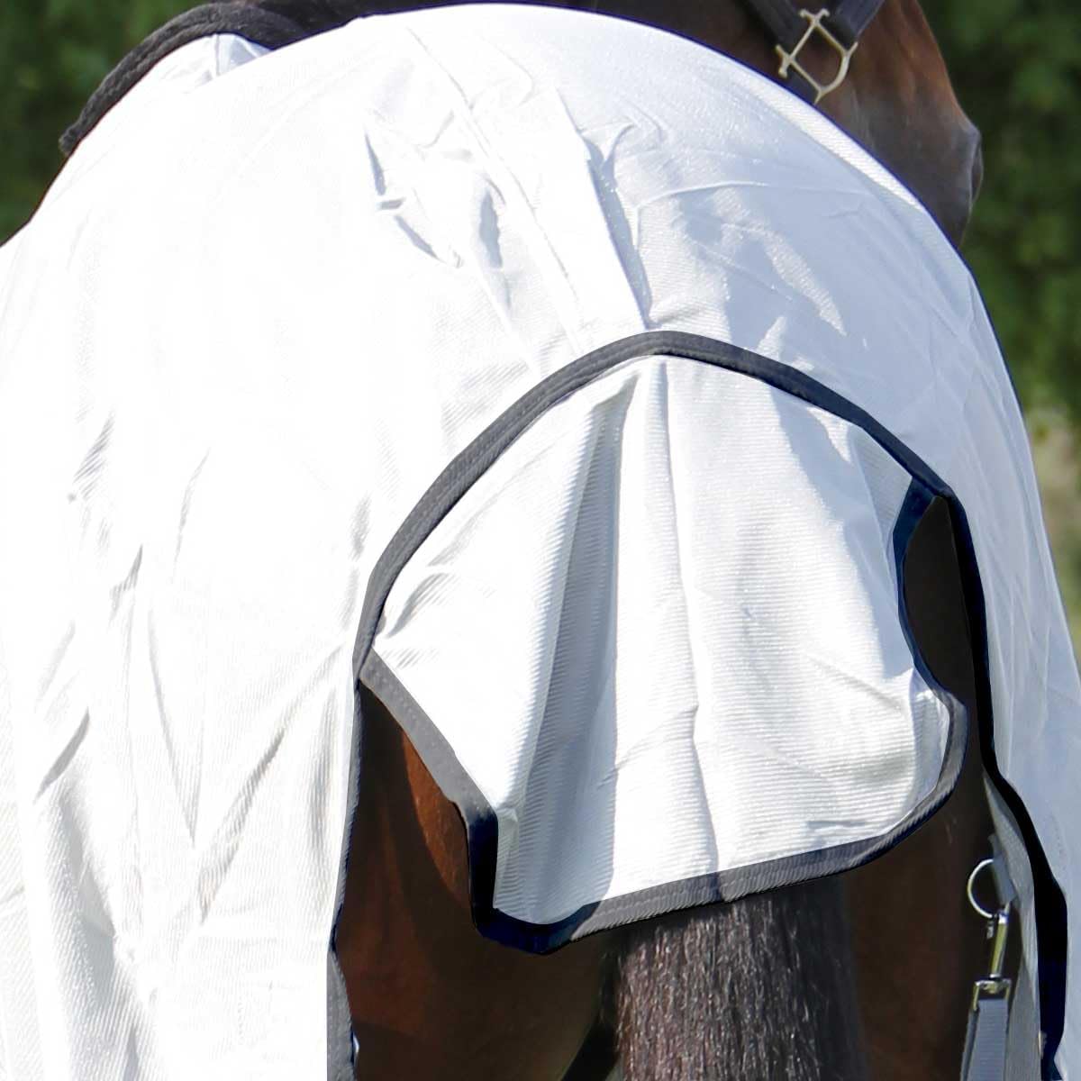 Country Pride mesh fly sheet displaying adjustable elastic leg straps and tail cover