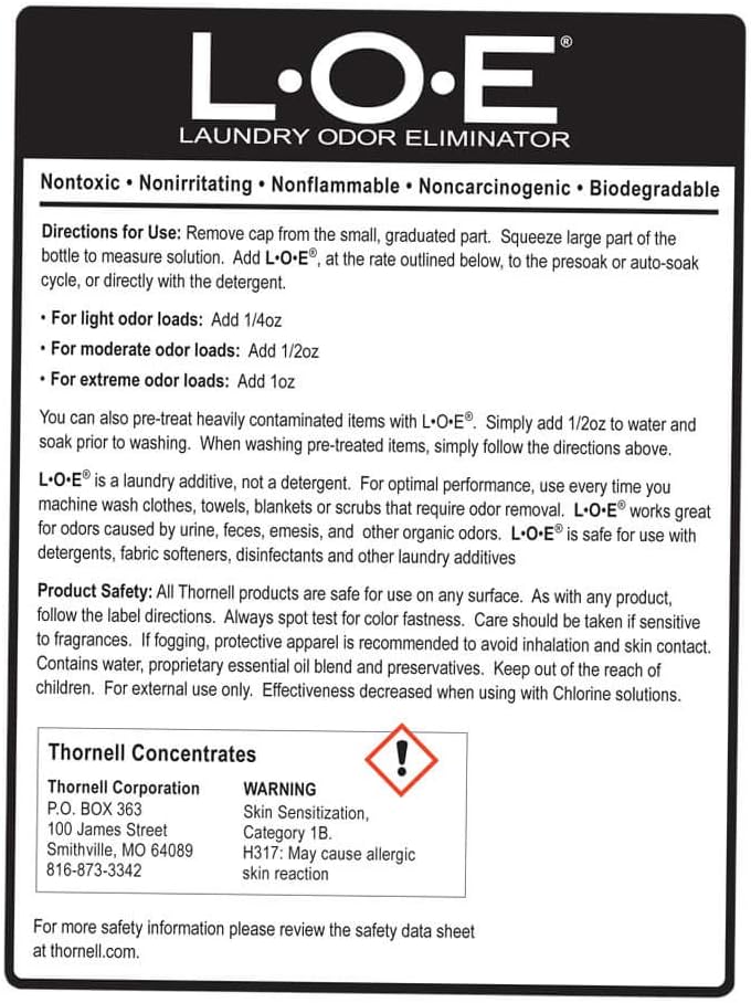 Thornell laundry odor remover bottle back label instructions for machine wash