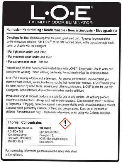 Thornell laundry odor remover bottle back label instructions for machine wash