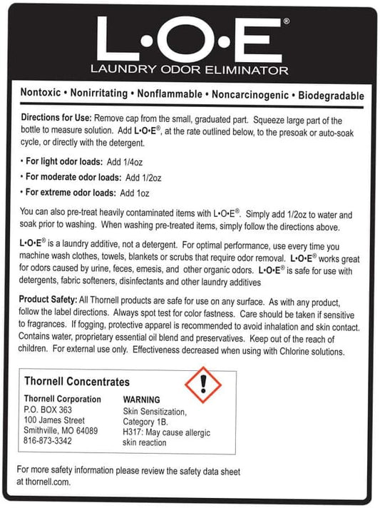 Thornell laundry odor remover bottle back label instructions for machine wash