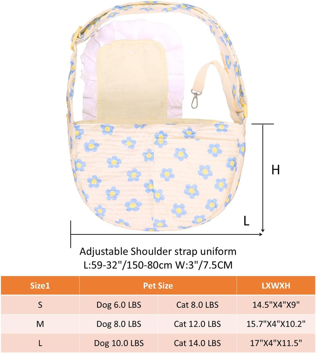 Small dog inside floral cat carrier purse