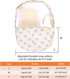 Small dog inside floral cat carrier purse