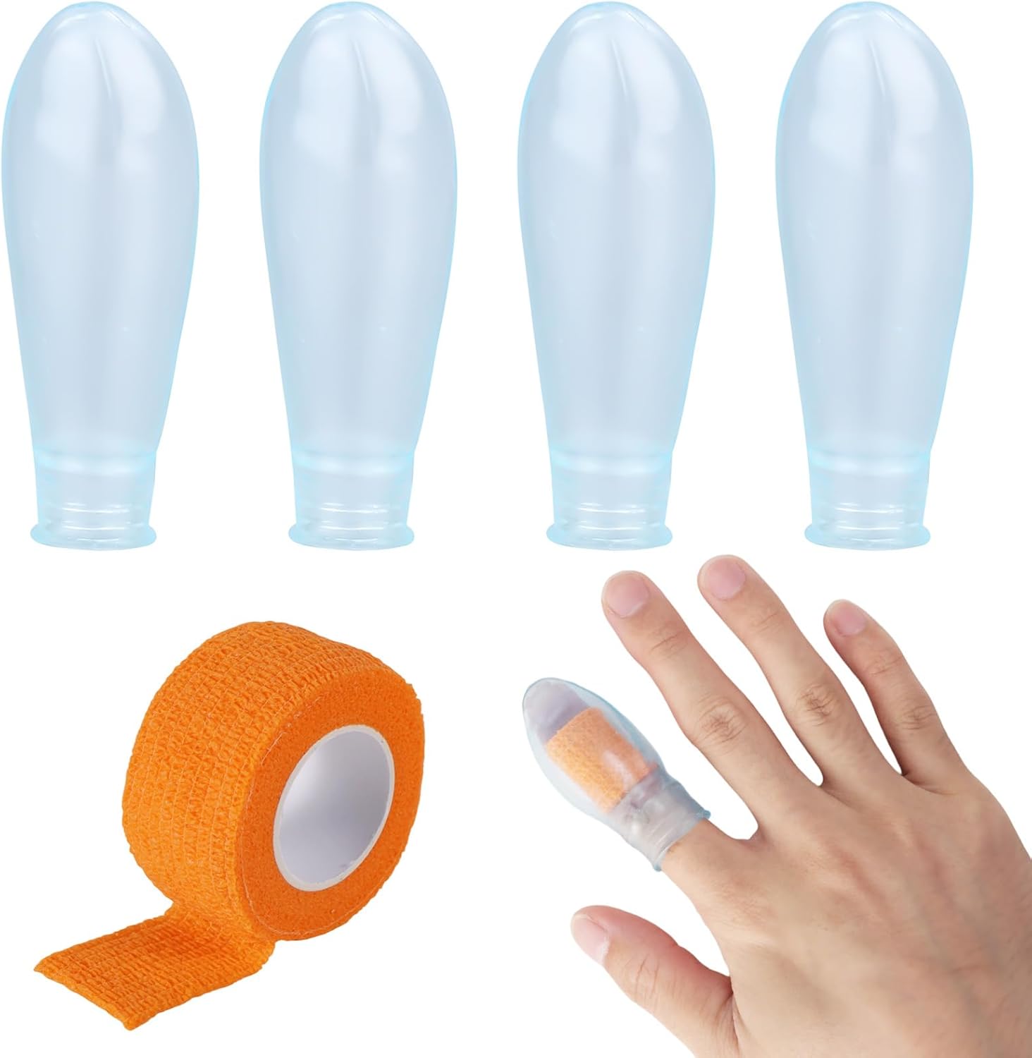 Tinoaly waterproof finger protectors front view showing four white silicone sleeves and one orange cohesive bandage roll.