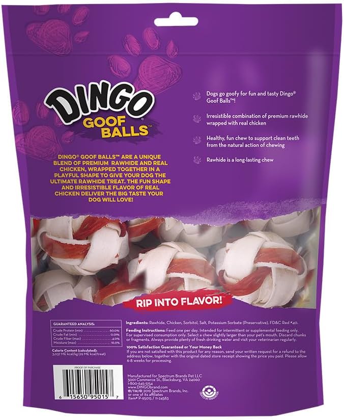 Dingo Goof Balls small round rawhide treats with real chicken wrapping.