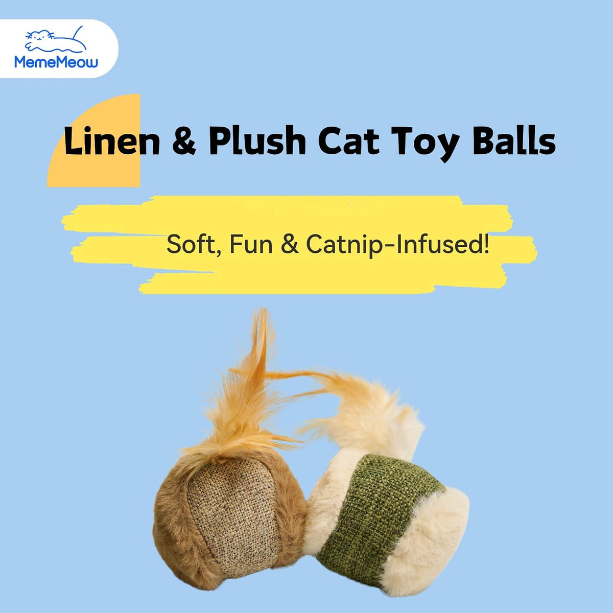 MemeMeow interactive feather cat ball toy with natural catnip stuffing close up
