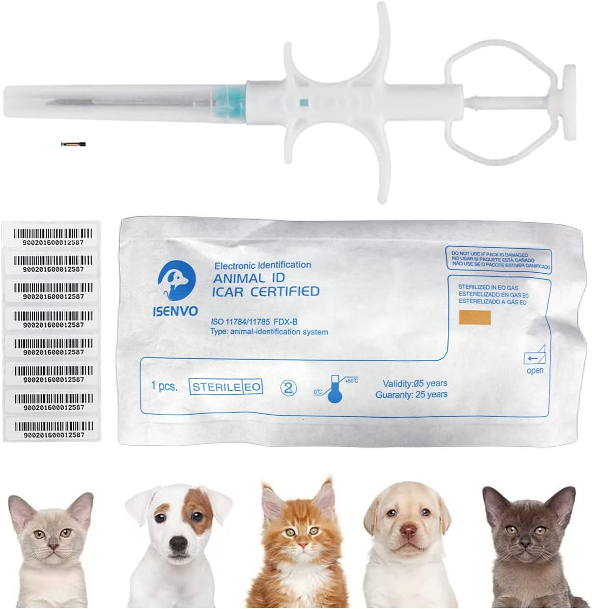 ISENVO pet microchips twenty pack front view showing sterile packaging and pre-loaded syringes for animal identification.
