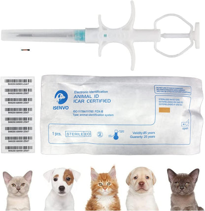 ISENVO pet microchips twenty pack front view showing sterile packaging and pre-loaded syringes for animal identification.