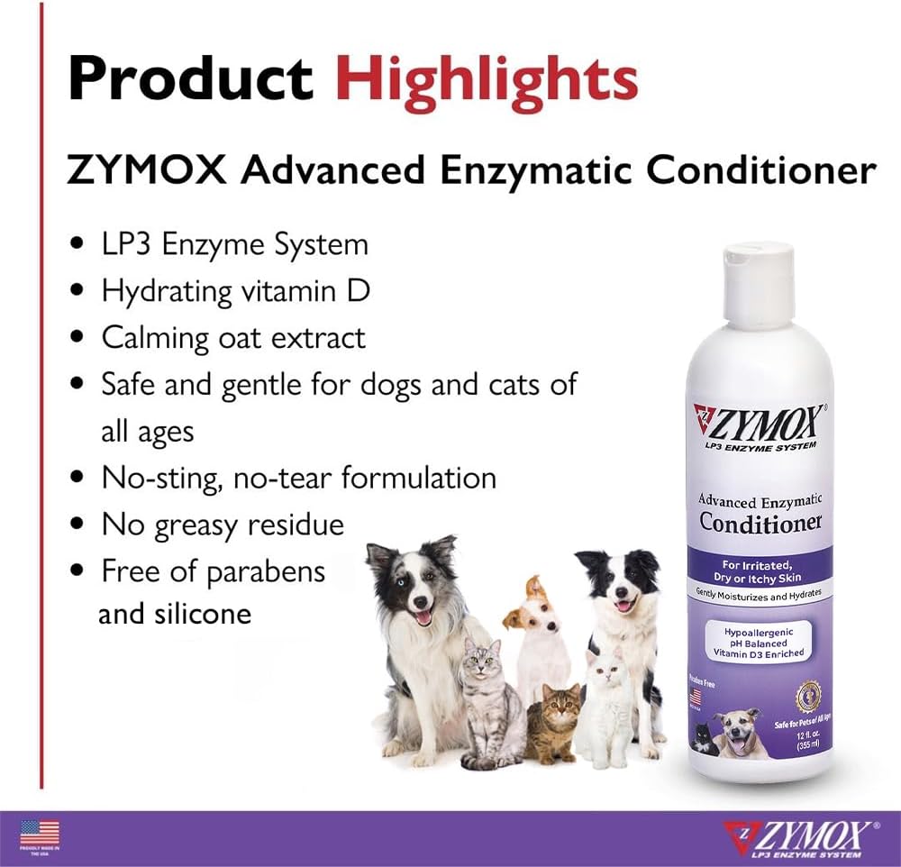 Back label of Zymox enzymatic conditioner showing ingredients like Vitamin D3 and oat extract.