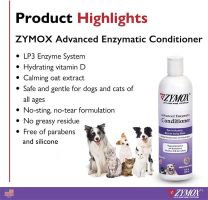 Back label of Zymox enzymatic conditioner showing ingredients like Vitamin D3 and oat extract.
