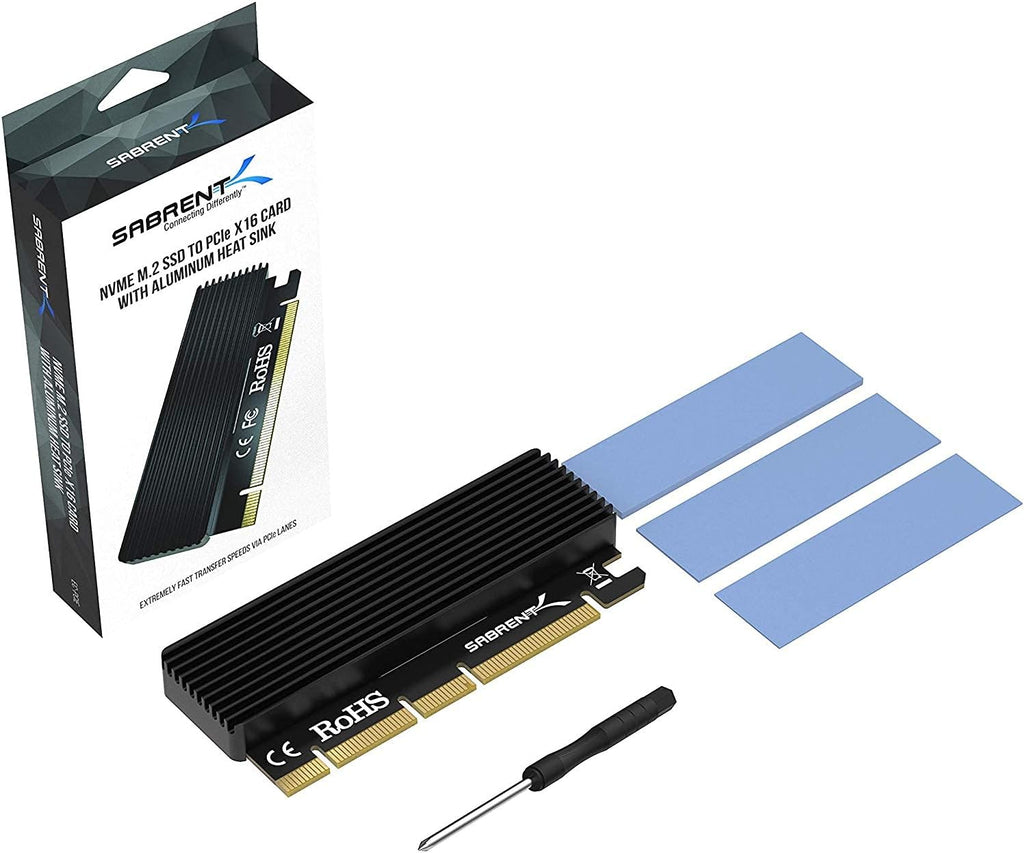 Retail packaging box for the authentic USA imported Sabrent NVMe M.2 SSD to PCIe adapter card