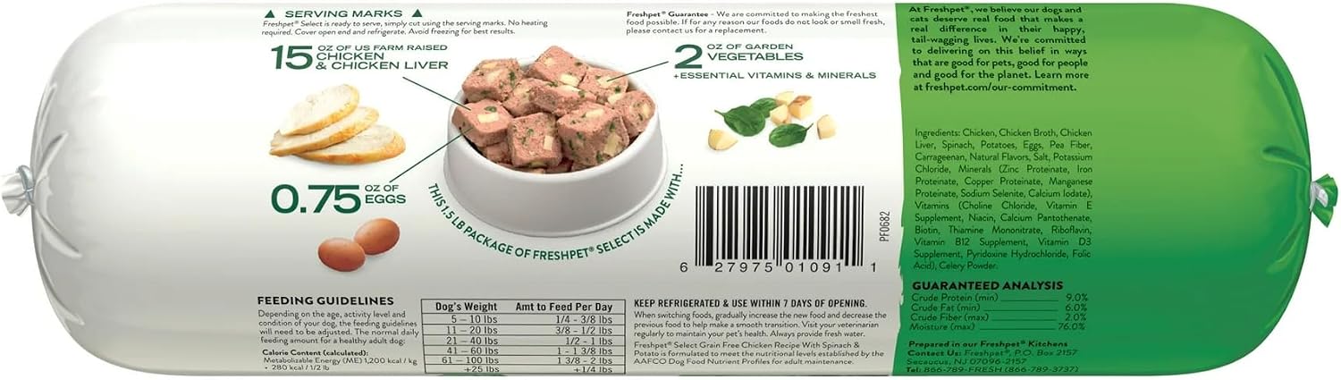Freshpet healthy natural dog food chicken and spinach roll