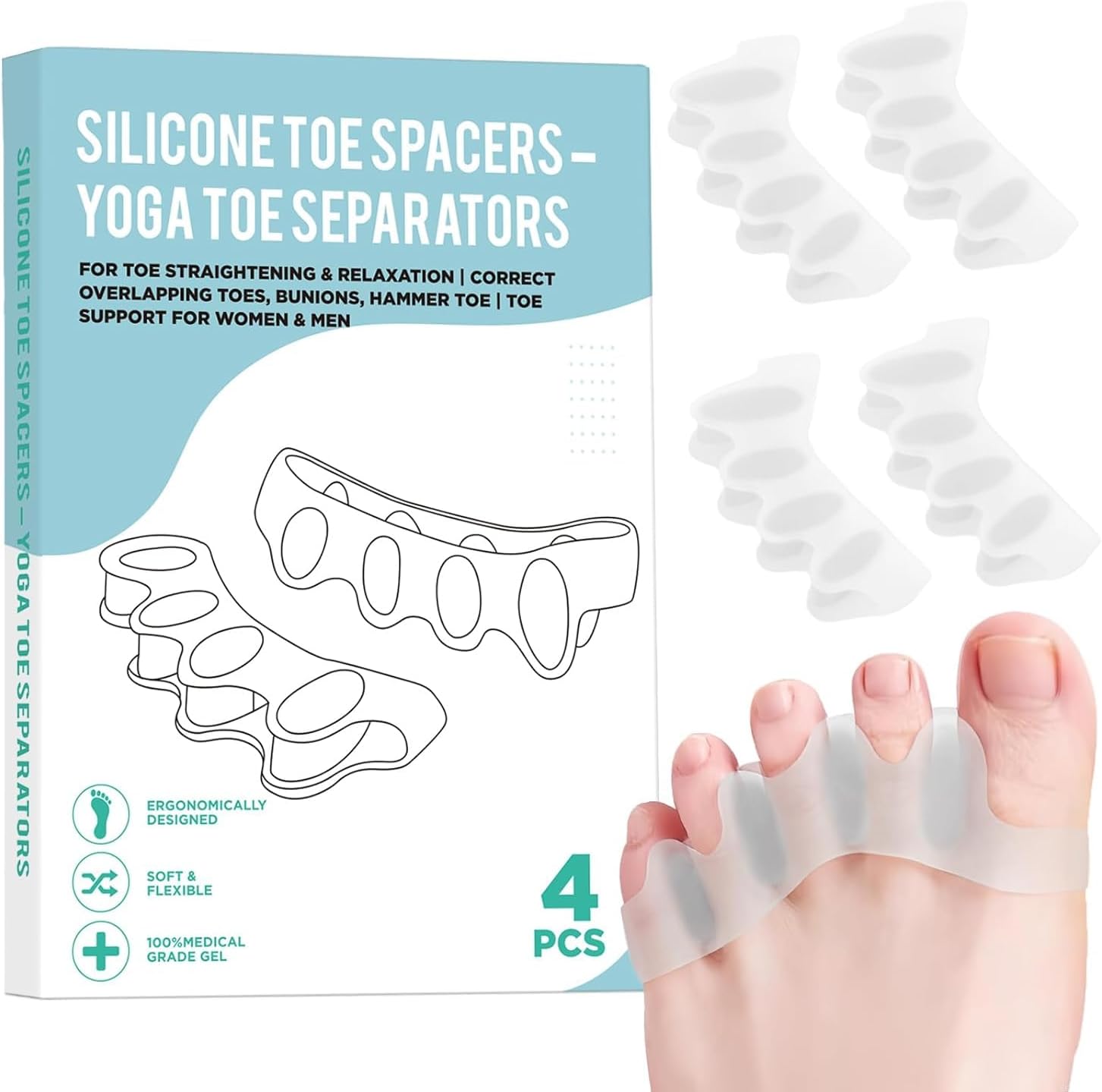 4 Pcs Silicone Toe Spacers front view for foot health