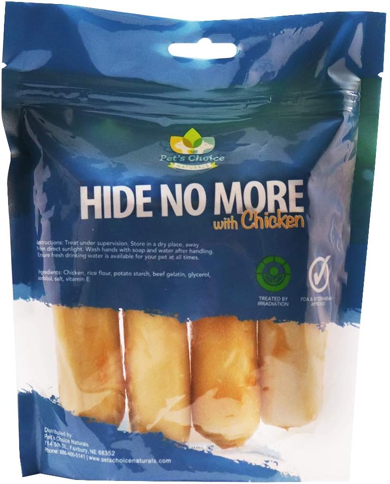 Four pack of chicken flavored rawhide free dog chews close up