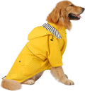 HDE dog raincoat poncho front view showing yellow waterproof double layer design on a large dog.