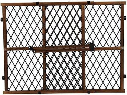 Evenflo dark wood pressure mount safety gate showcasing the adjustable locking bar mechanism.