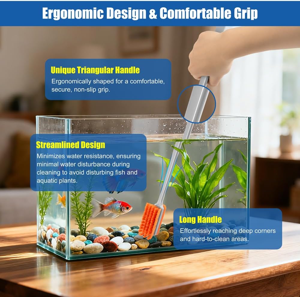 DaToo fish tank cleaner brush being used to scrub the corner of an acrylic aquarium